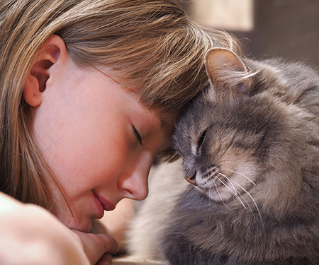 girl and cat touching heads